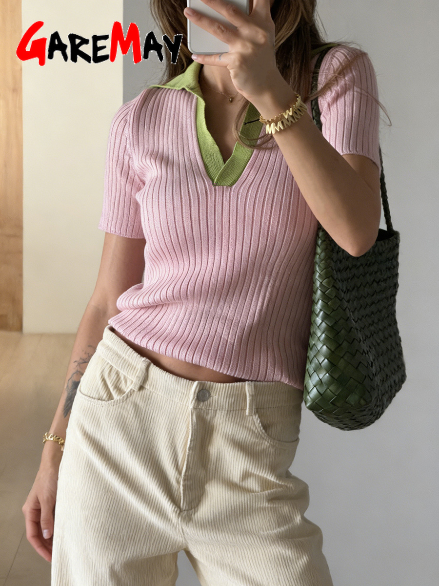 T-shirt élégant en tricot pour femme, jaune, manches courtes, style polo, 100% coton, haut d'été pour femme, Y2k, rose basique, t-shirt pour femme