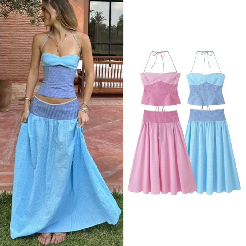 Ensemble jupe femme été rayé colorblock sexy dos nu hauts à lacets taille mi-haute jupe trapèze fermeture éclair latérale mode décontracté 2 pièces