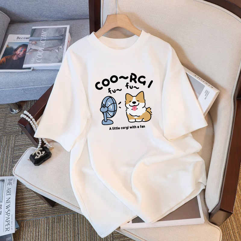 T-shirt style coréen avec motif mignon et amusant, coupe ample, manches courtes, haut blanc pour femme, vêtement décontracté d'été