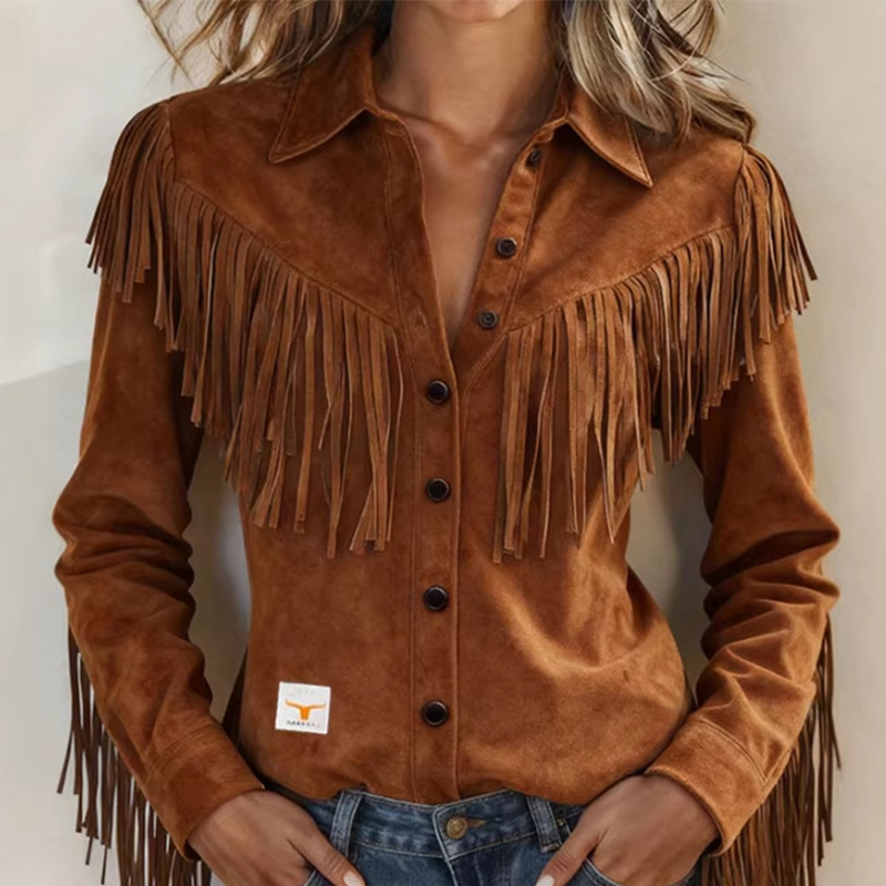 Veste Courte Femme à Col Chemise et Pompons, Manches Longues, Style Western Rétro, Simple Boutonnage, Printemps Automne, Streetwear