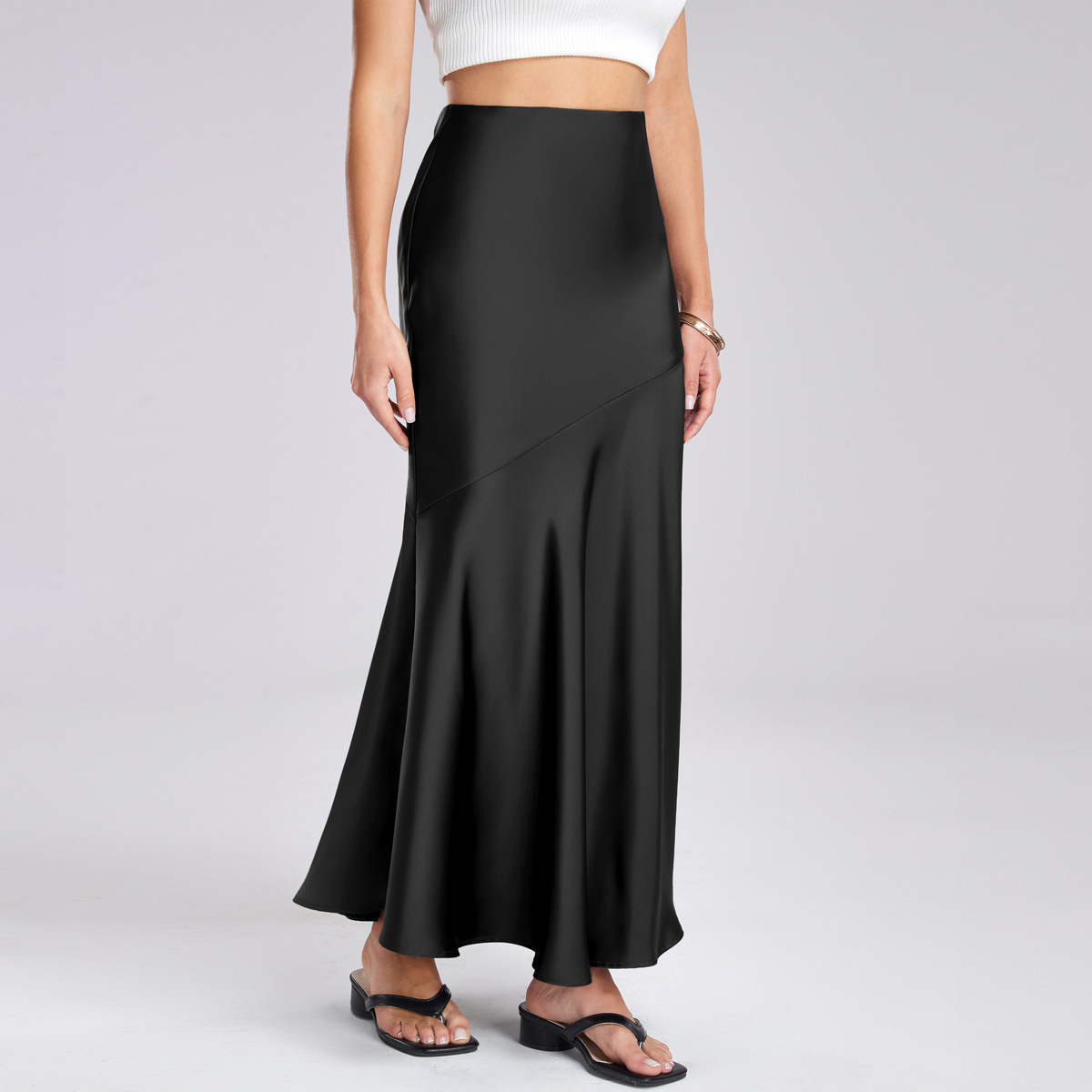 Queue de poisson Maxi jupe élégante fausse soie Satin jupes pour femmes taille haute a-ligne bureau dame jupe couleur unie finition brillante W6681
