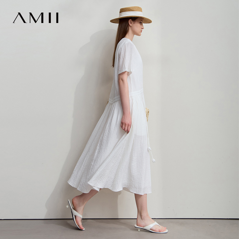 AMII Nouvelle Robe Minimaliste Femme Été Col Rond Manches Courtes Fleurie Ruban Épissé Longue Robe Tendance Vêtements 12542085