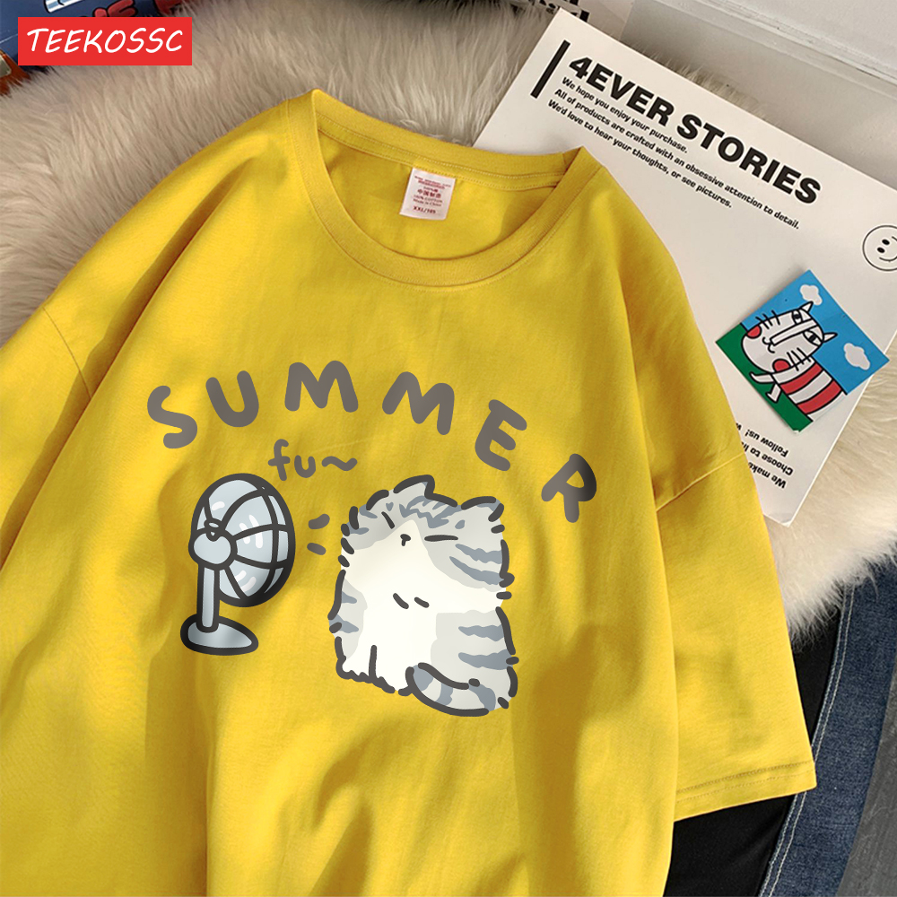 Mode coton femmes T-Shirts créatif été coup ventilateur chat imprime à manches courtes col rond ample respirant décontracté femme vêtements