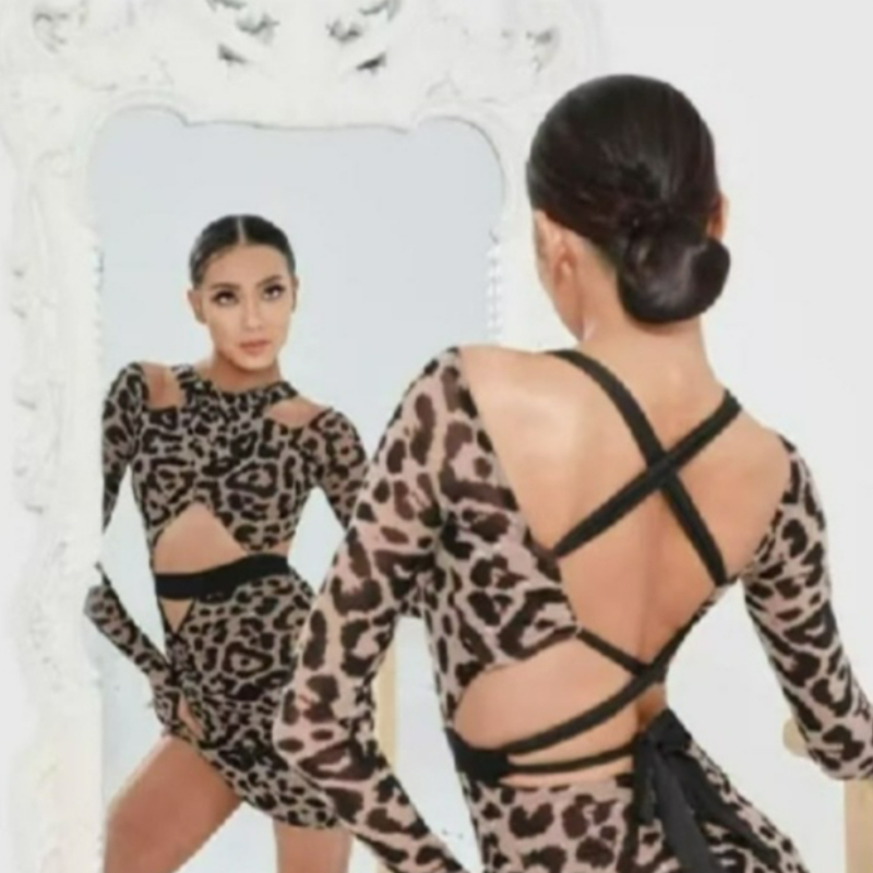 Femmes robe de danse latine Sexy à manches longues imprimé léopard haut dos nu femme Dancewear Cha Cha Rumba salle de bal compétition moulante