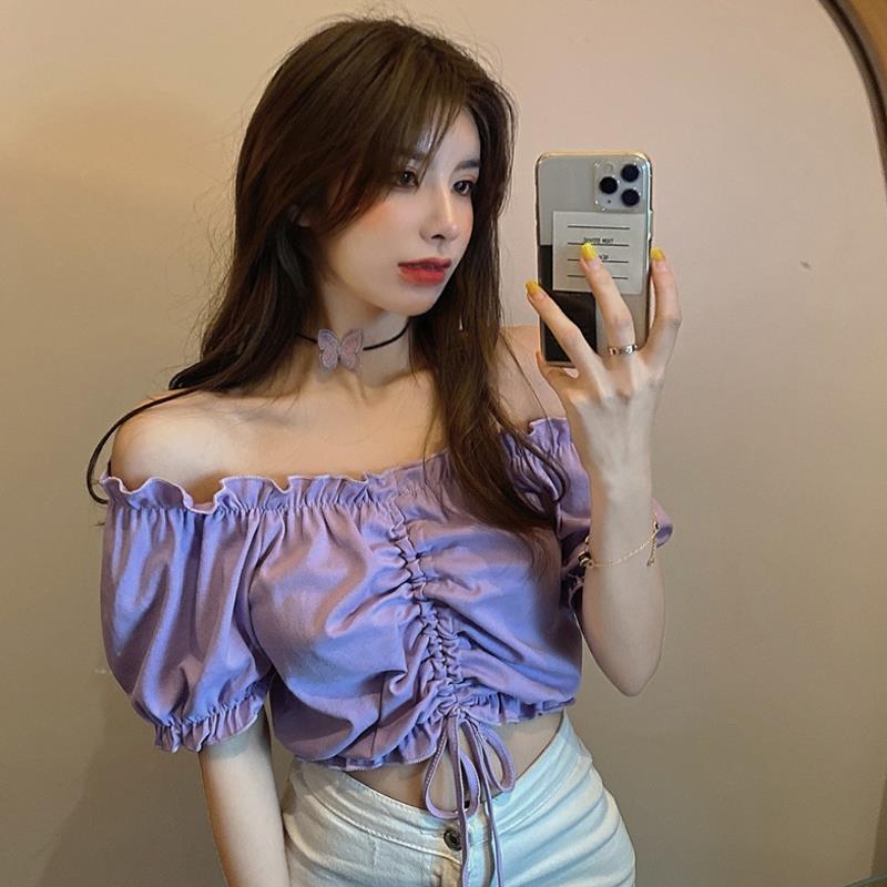 Chemisier en mousseline de soie à manches bouffantes pour femmes, haut court à volants, t-shirt Harajuku, mode jeune, sexy et élégant