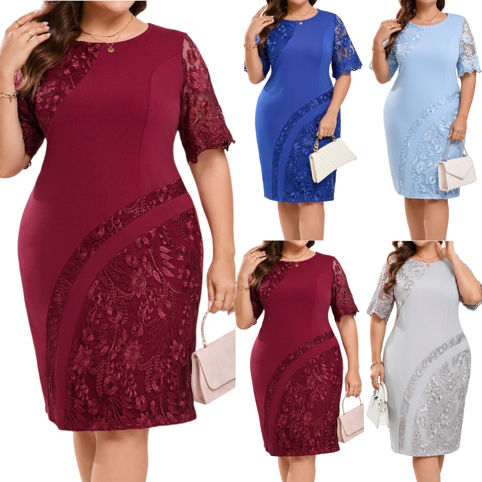 Robe élégante grande taille pour femme manches courtes épissées ​ ​ Robes de soirée brodées en dentelle, robes de cocktail slim de couleur unie