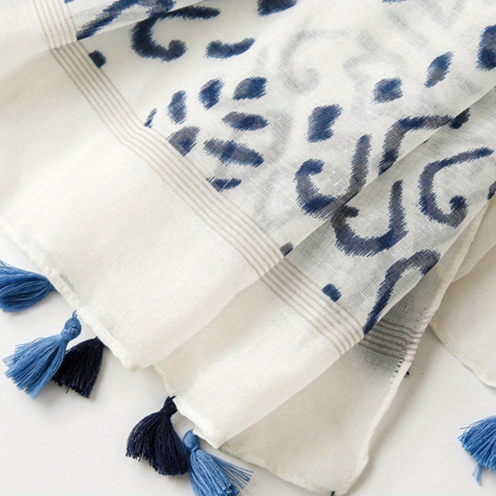 Écharpe légère à franges de Style bohémien, imprimé géométrique rétro bleu et blanc, nouvelle collection élégante en mousseline de soie balineuse rétro pour dames, 1 pièce