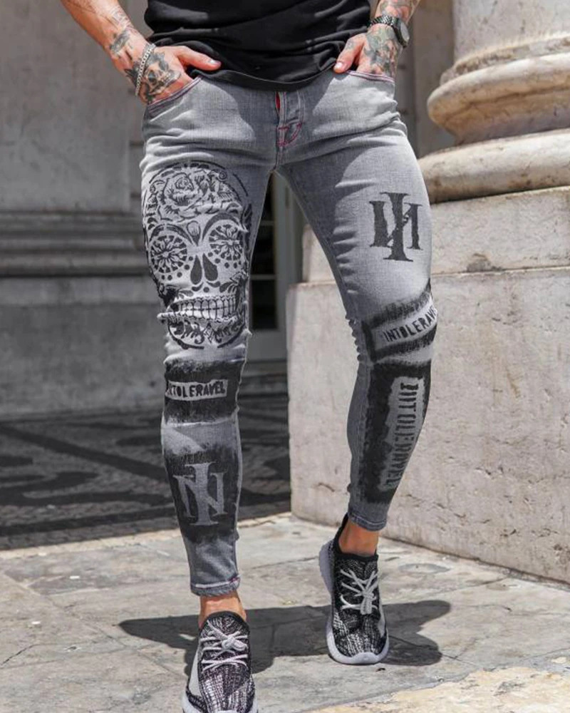 Jean extensible pour hommes à la mode pantalons décontractés mince imprimé gris jean hommes mode imprimé jean hommes crayon pantalon jean Slim hommes