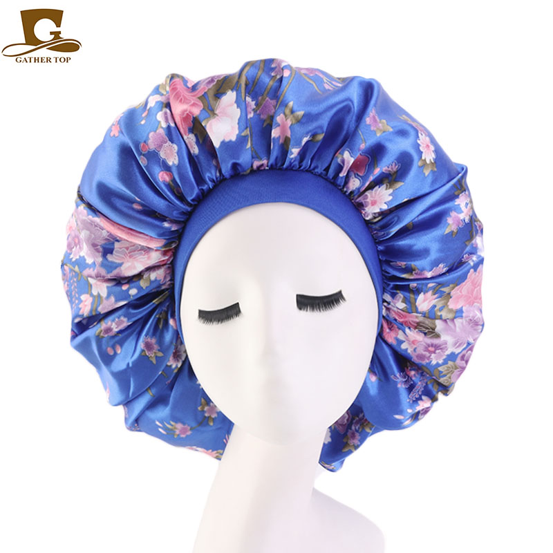 Nouveau bonnet de nuit en satin soyeux imprimé grande taille pour femme, idéal pour cheveux bouclés et crépus, noir
