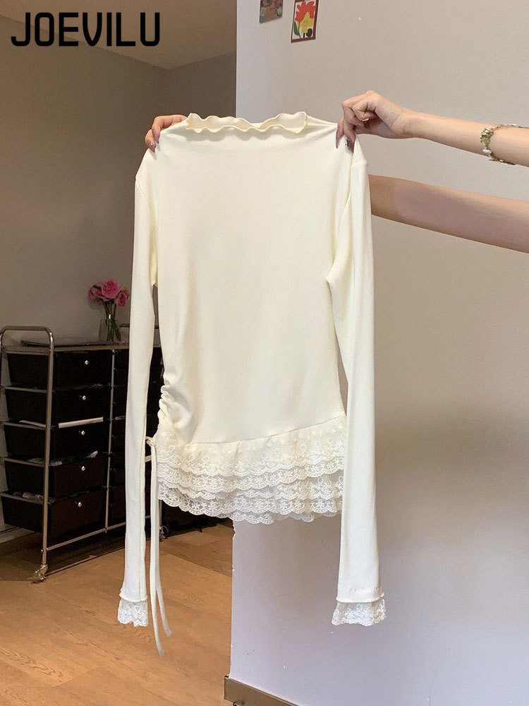 T-shirt brossé demi-col roulé en dentelle pour femmes, haut cintré à la taille avec cordon de serrage, doublure de printemps et d'automne, chemises de Base amincissantes