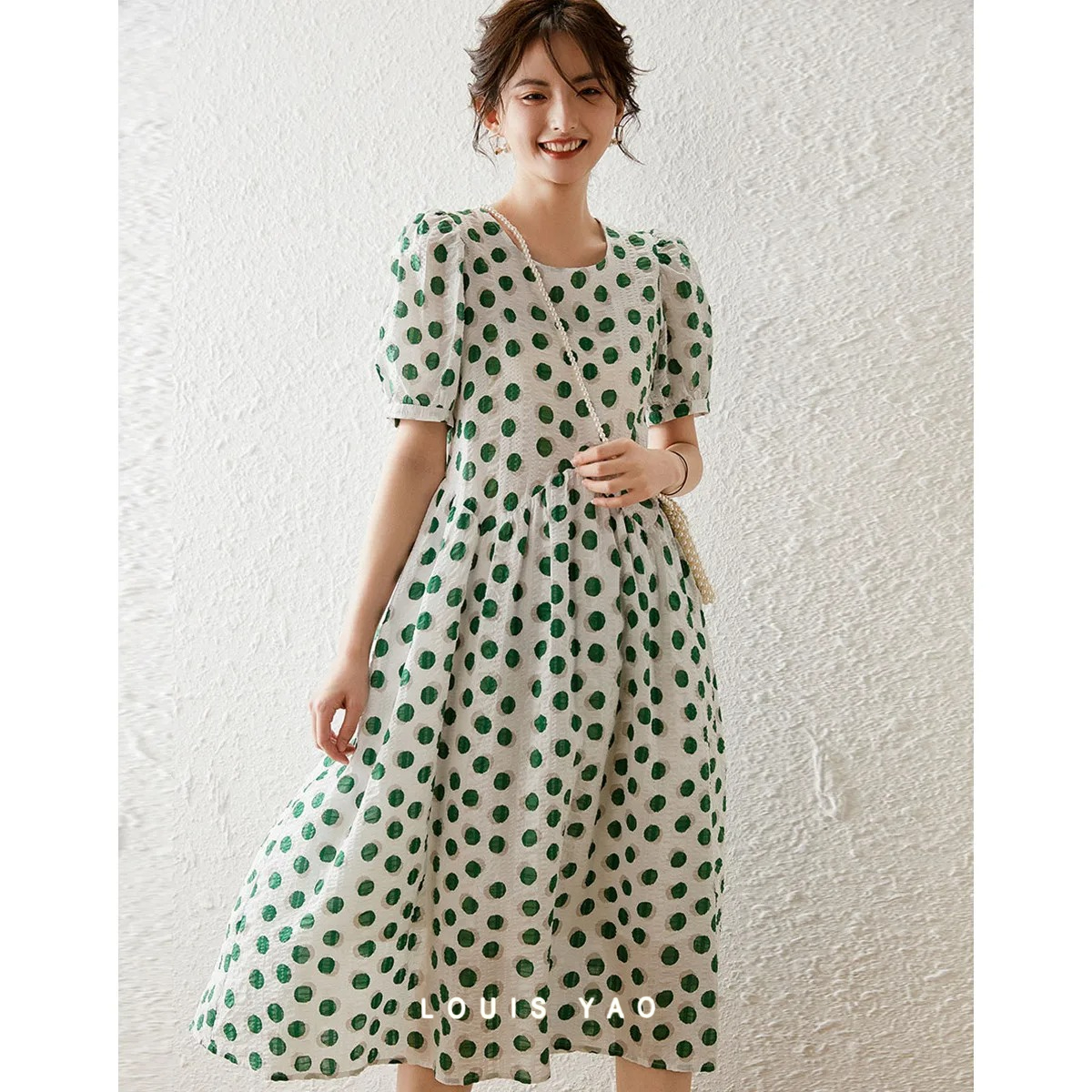 Robe décontractée LOUIS YAO à pois pour femme, collection été 2026, style vintage, manches bouffantes, col rond, manches courtes, avec lacets