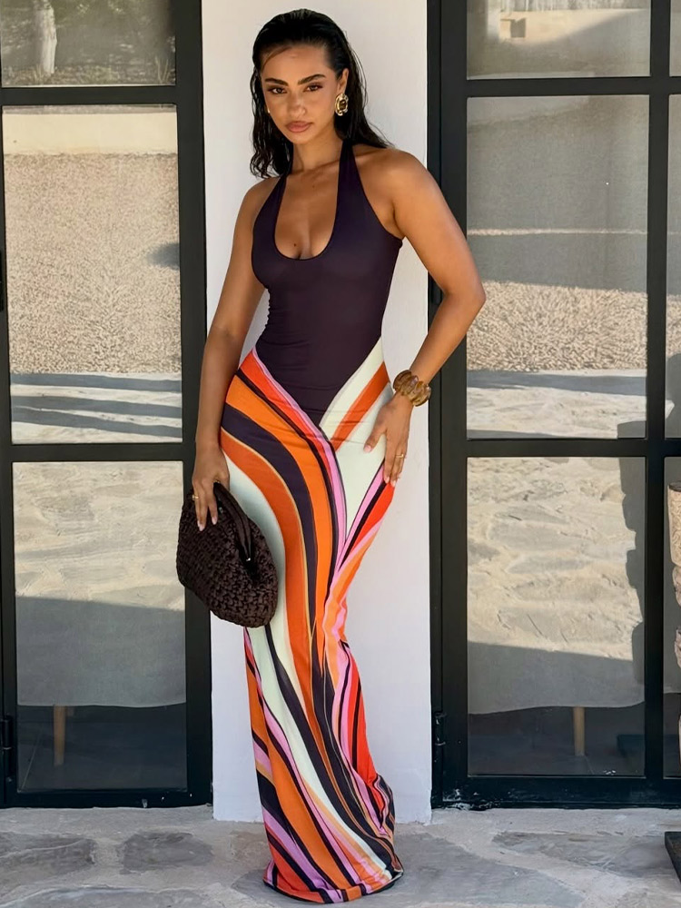 Robe longue sexy imprimée pour femme, col en V profond, sans manches, dos nu, moulante, pour les fêtes, collection été 2026, robe de soirée pour femme