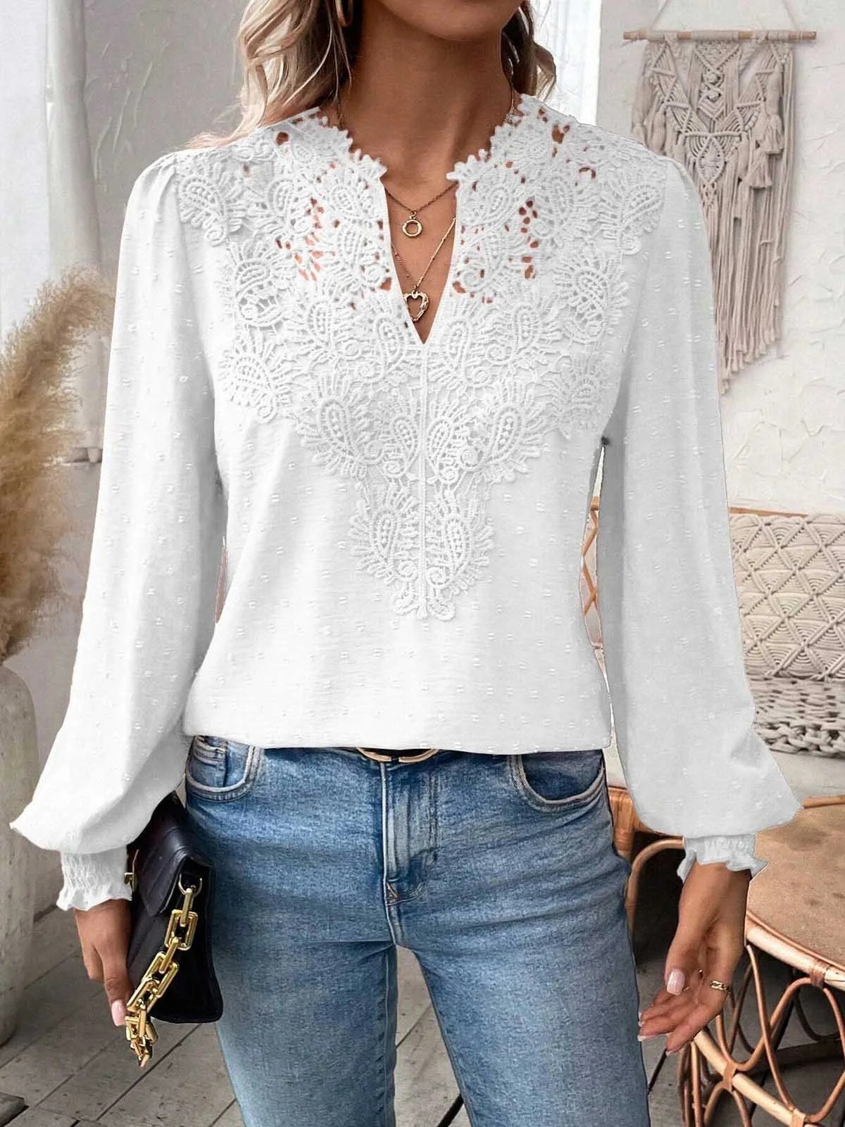 Pull en dentelle à manches longues pour femmes, pull à col en V, manches bouffantes, mignon, automne, 2024