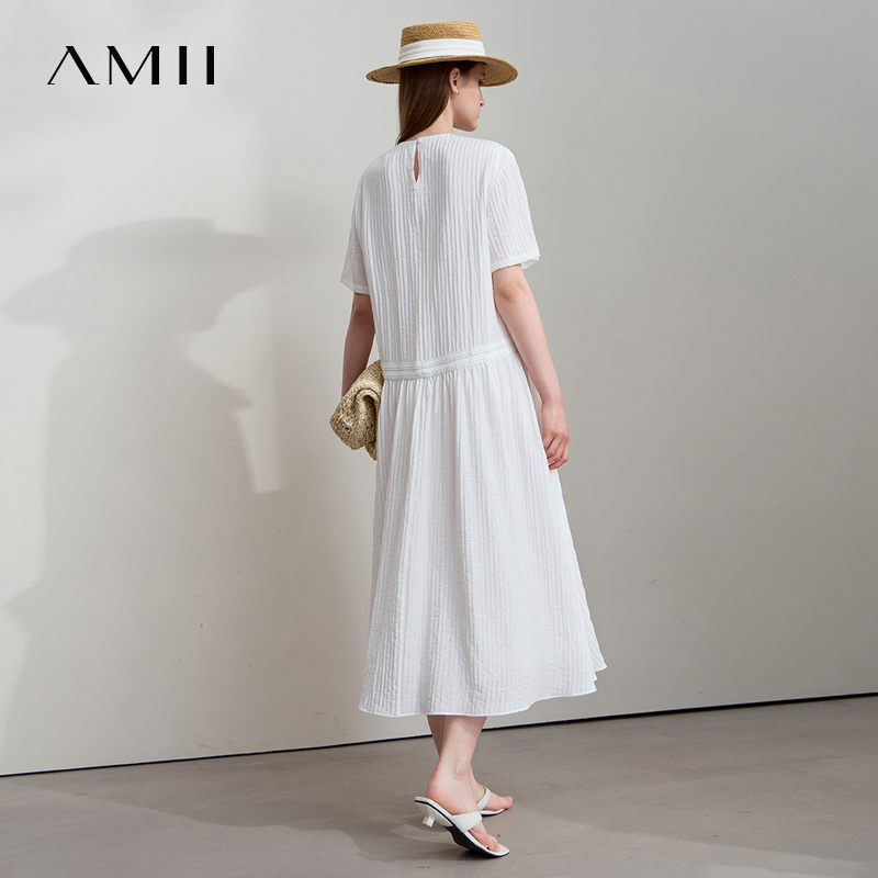 AMII Nouvelle Robe Minimaliste Femme Été Col Rond Manches Courtes Fleurie Ruban Épissé Longue Robe Tendance Vêtements 12542085