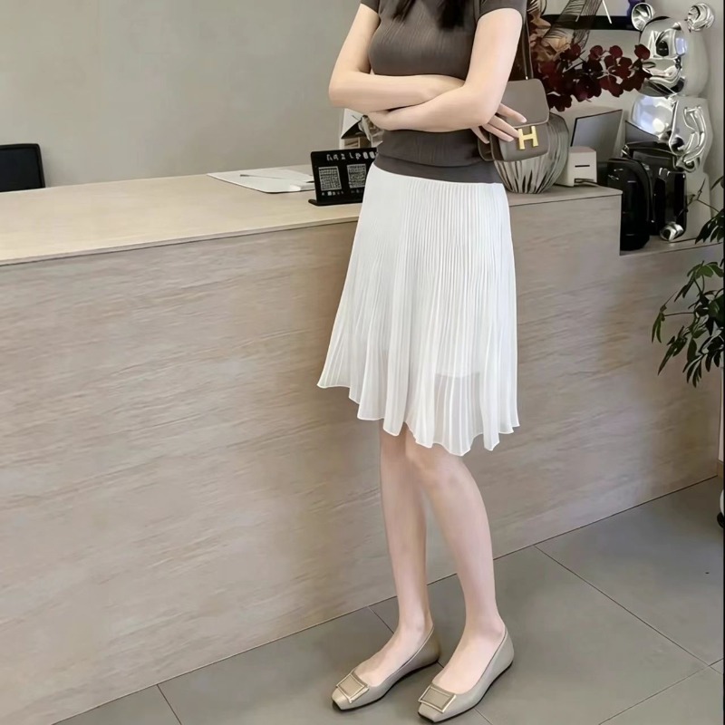 Jupes plissées en mousseline de soie pour femmes, élégantes, à taille élastique, style coréen, avec doublure, coupe trapèze, pour le bureau, vêtements féminins