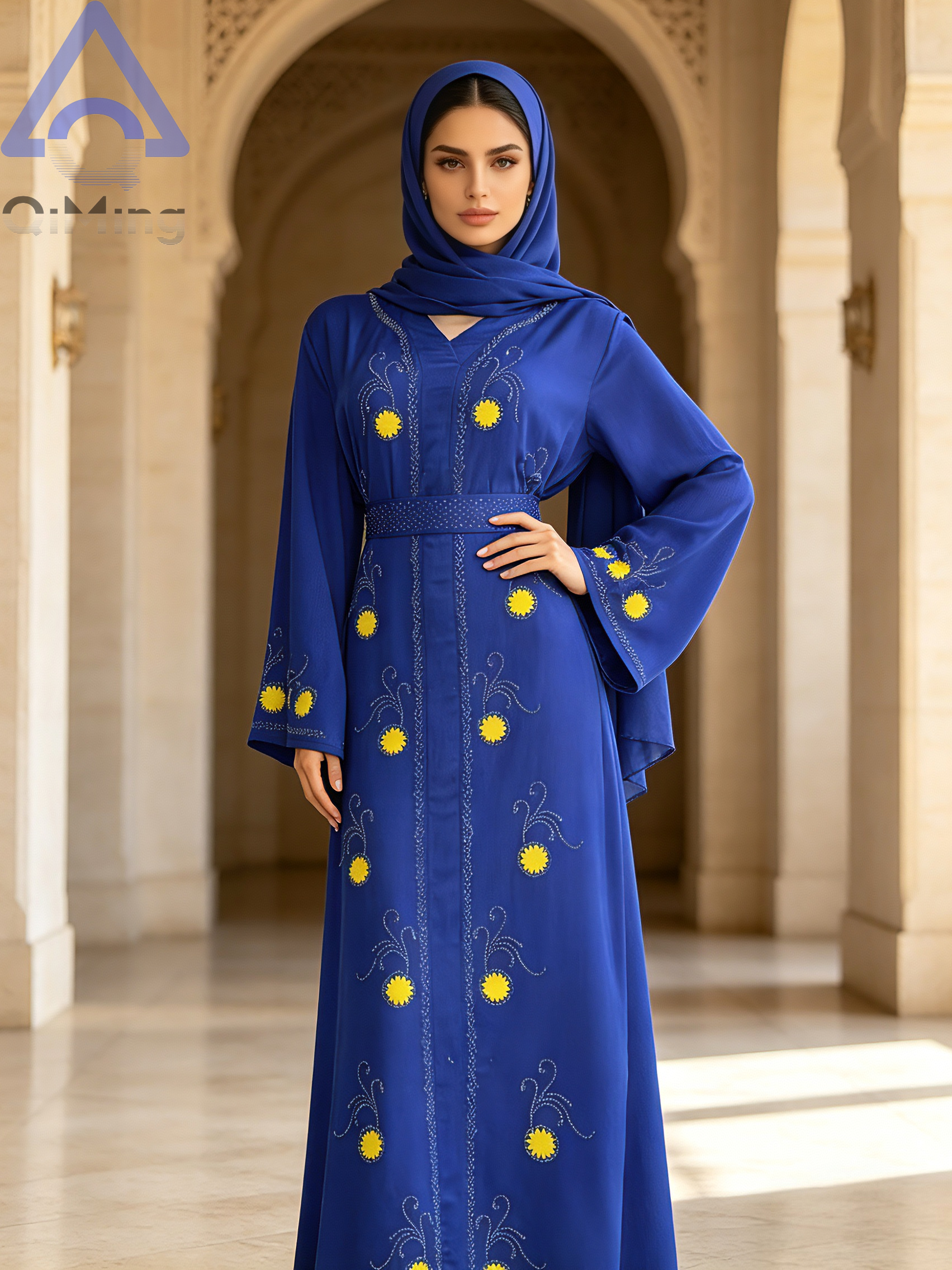 Kaftan Abaya Musulmane pour Femme, Robe Longue Marocaine Violette à Col en V et Strass, Modèle Dubai, Robe Islamique Élégante pour le Ramadan