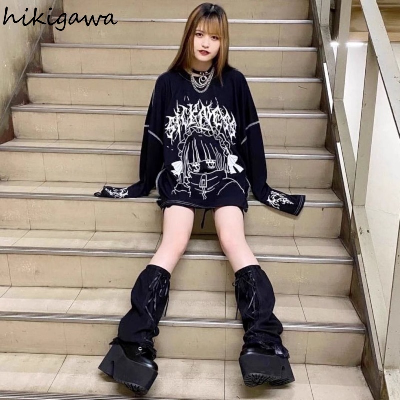 Streetwear T-shirts Femmes Vêtements Imprimé Manches Longues T-shirts Décontracté Mode Japonais Camisetas Dessin Animé Y2k Hauts T-shirts Surdimensionnés