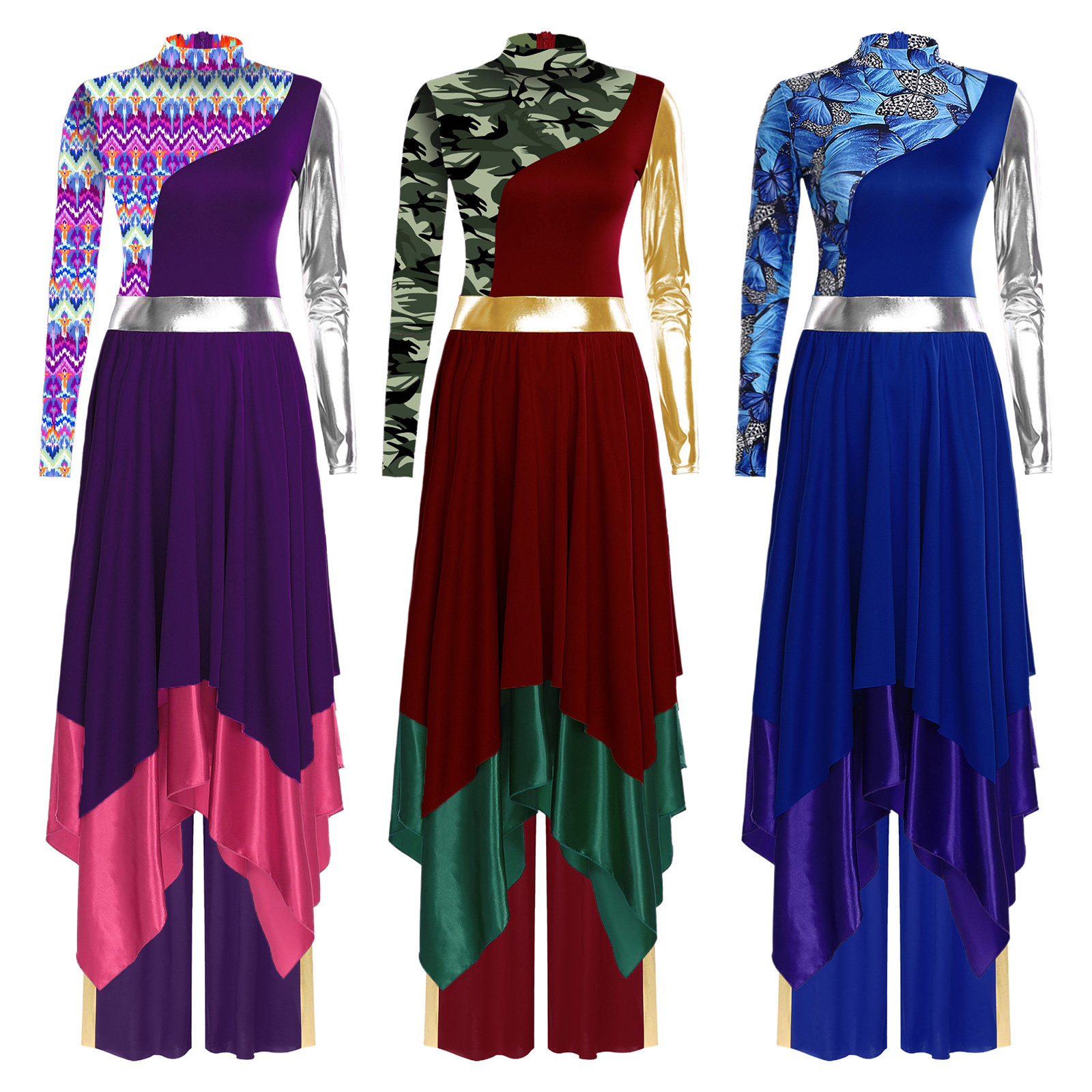Costume de danse d'éloge pour femmes, robe de culte, robe imprimée à manches longues et pantalon à jambes larges, ensemble pour vêtements de danse moderne lyrique liturgique