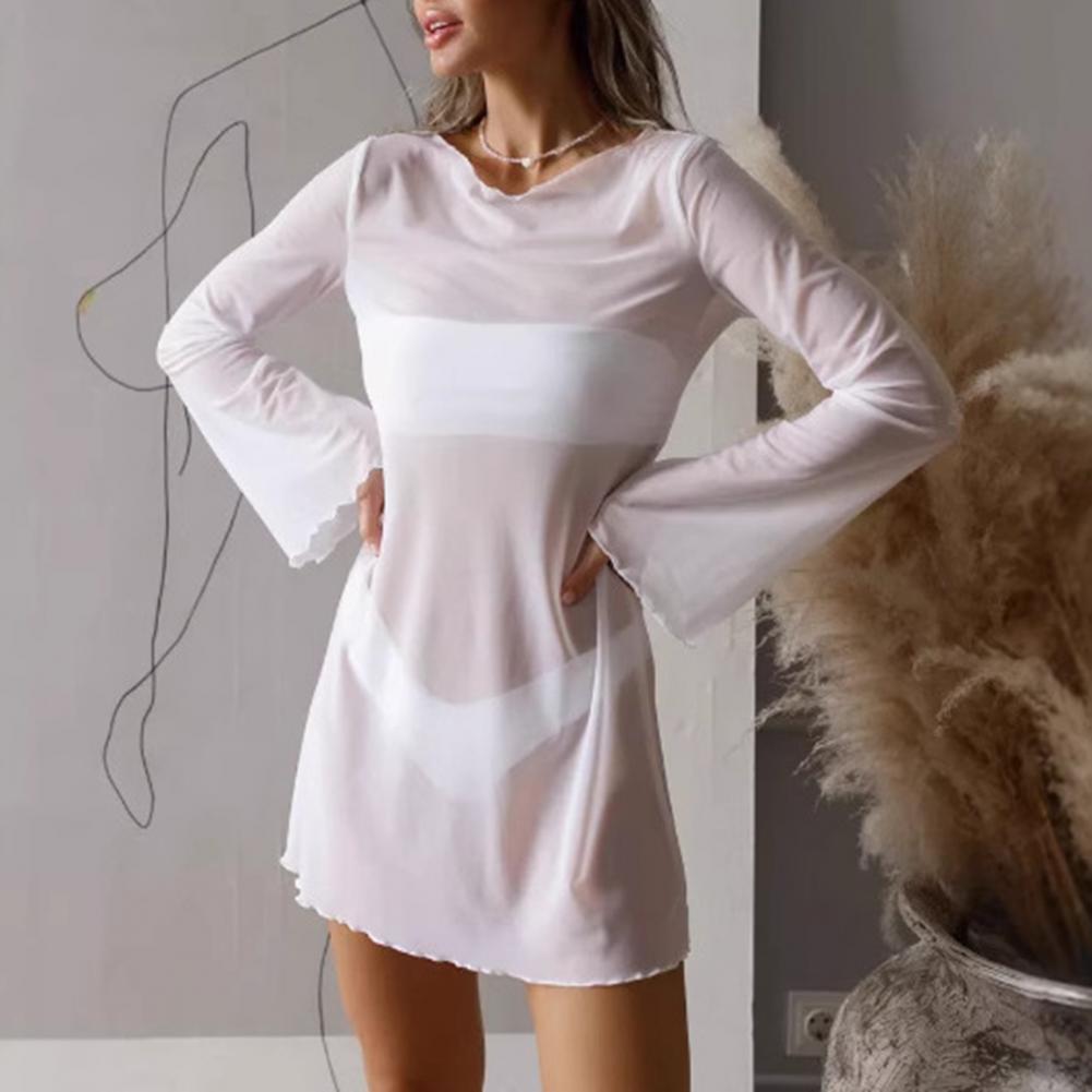 Robe de plage en maille transparente pour femmes, Cover-Up pour les maillots de bain, col rond, manches longues, cloche, vêtements pour femmes, été