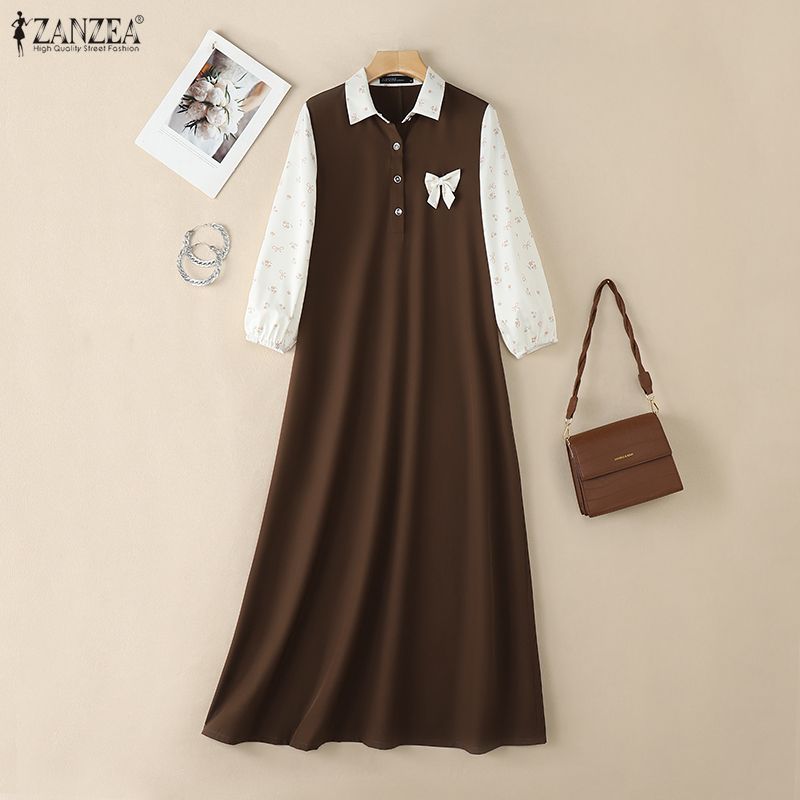 Robe longue modeste pour femmes musulmanes, col à demi-boutons, manches bouffantes, patchwork, robe longue ZANZEA, abaya islamique, robes femme