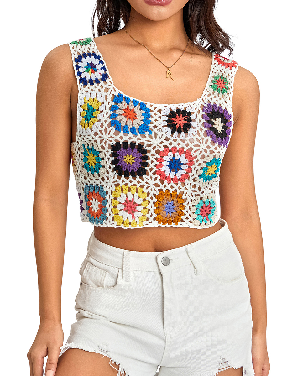 Hauts d'été sans manche pour femmes, débardeur coloré en tricot ajouré avec broderie au Crochet à la main