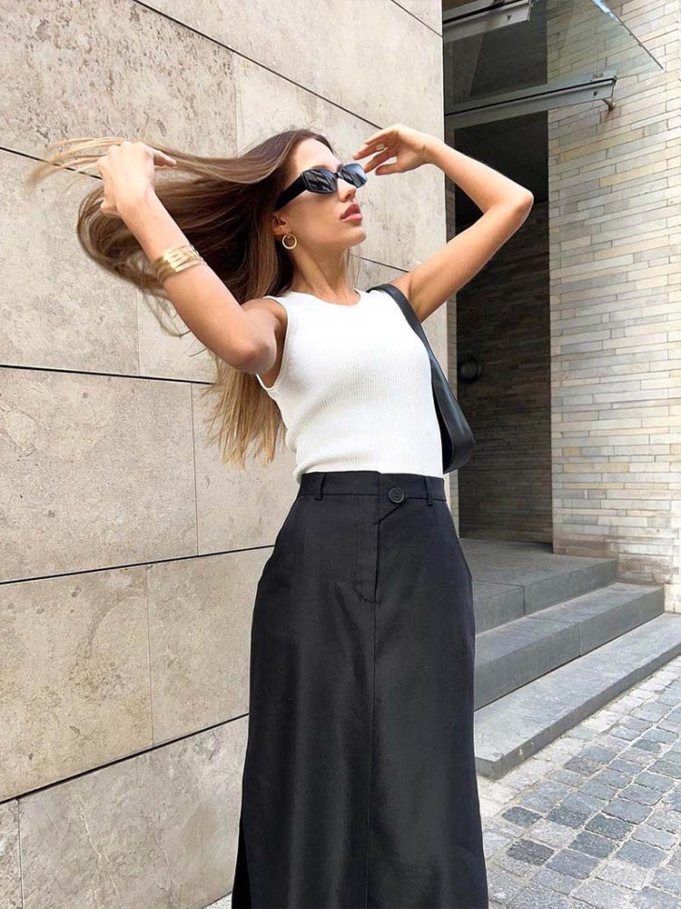 Black adt-Jupe trapèze longue pour femme, élégante, avec poche, fermeture éclair, été