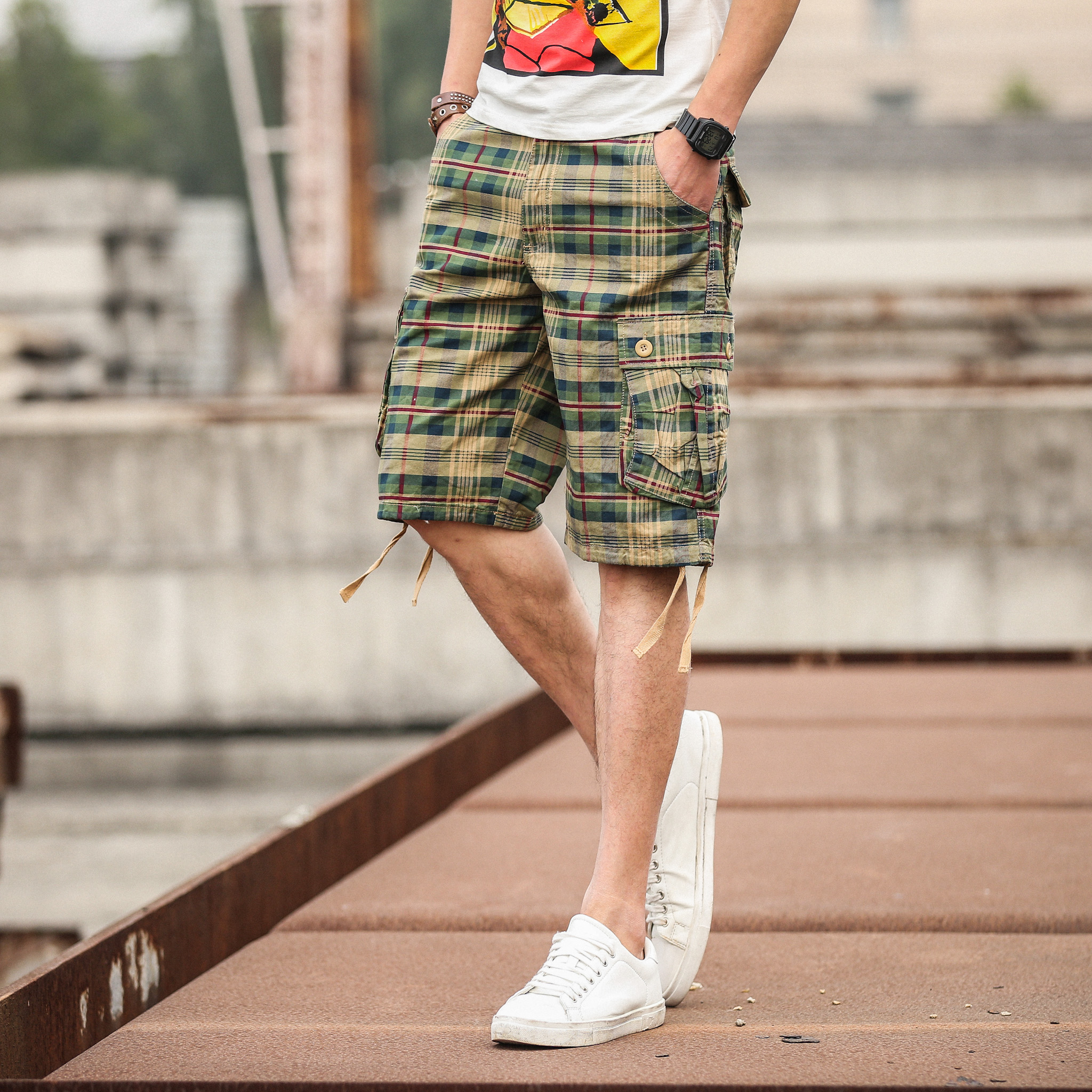 Pantalon moyen pour hommes, été, coton, confortable, Sports de plein air, plage, tendance, short à carreaux, ample, droit, grande taille, Cargo