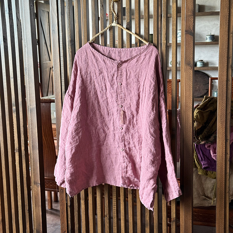 Chemisier Ramie en coton à manches longues pour femmes, chemises décontractées à simple boutonnage, grande taille, col rond, haut de haute qualité, printemps et été
