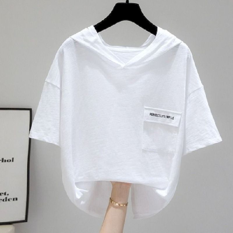 T-shirt blanc à capuche pour femmes, ample, en coton flammé, manches courtes, tendance d'été 2025, T-shirt fin, Design décontracté, surdimensionné