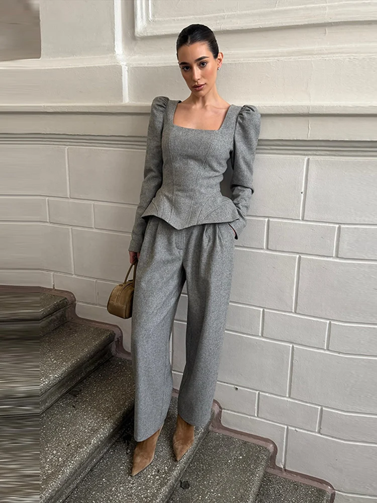 Ensemble décontracté en laine unie pour femme : Blouse à manches bouffantes et taille ajustée, pantalon droit – Collection Automne Hiver 2026
