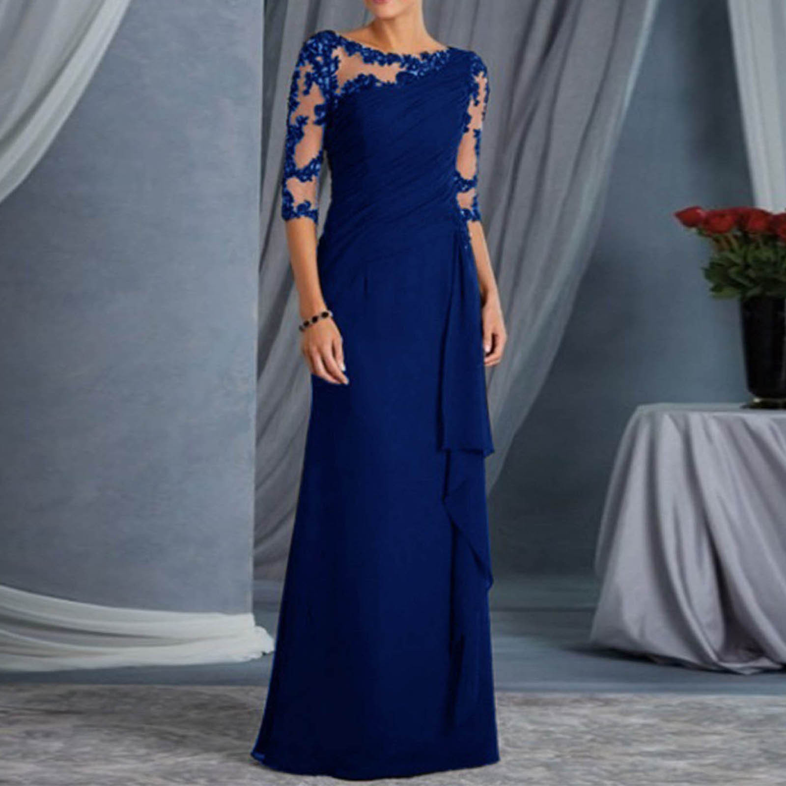 Robe Longue en Dentelle pour Femme, Tenue Élégante, Sexy, Transparente, Col Rond, Manches Mi-sulf, Couleur Unie, pour Soirée, Bal, Cocktail