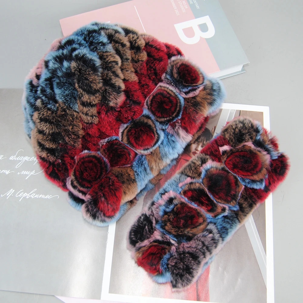 Chapeau et écharpe en fourrure de lapin Rex véritable pour femme, ensembles de silencieux, bonnet en fourrure pour fille, tricot naturel, haute qualité, dame, mode, hiver, 100%
