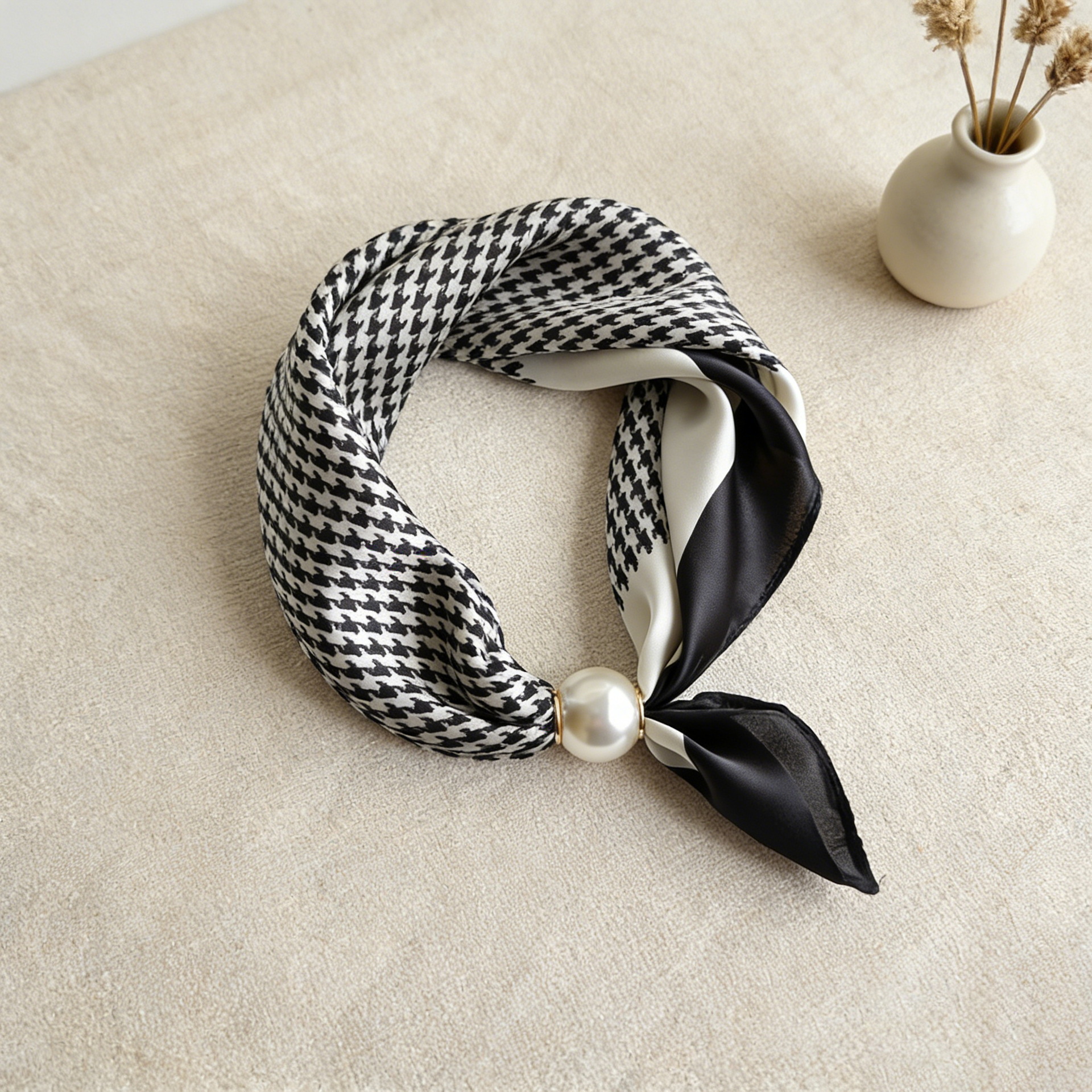 Foulard en soie imprimé, écharpe de cou perlée, collier chaîne paresseuse, boucle magnétique fine pour clavicule, ruban de foulard, accessoires de luxe pour femme