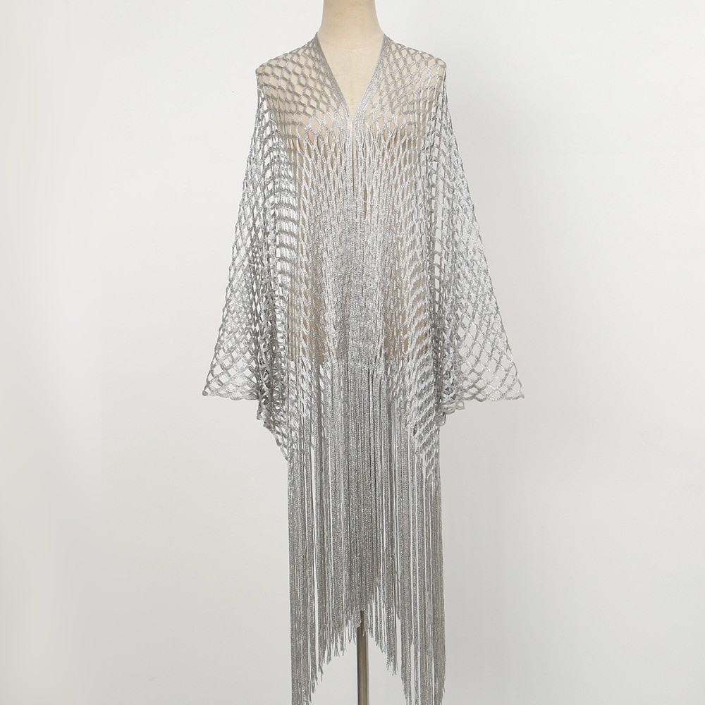 Châle en tulle pour femme, style mode, à franges et patchwork, ajouré et brillant, col en V, idéal pour soirée, bal de promo, comme cape ou écharpe d'été pour fête