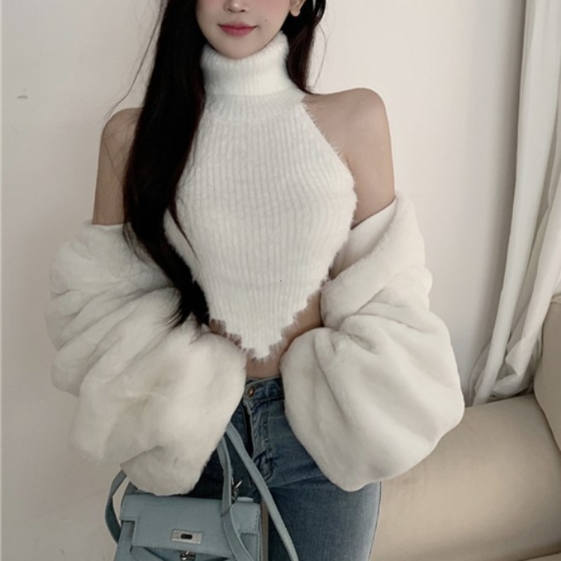 Débardeur tricoté chic et sexy pour femme, dos nu, court, sans manches, épaules dénudées, style streetwear populaire, bord ondulé
