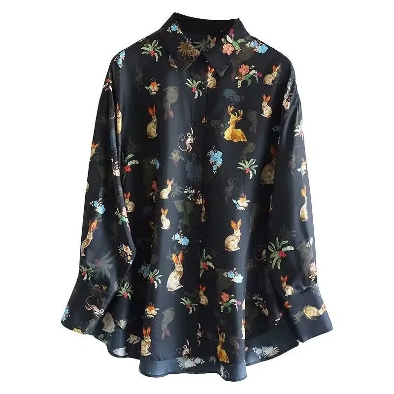 Chemise noire à manches longues boutonnée sur le devant pour femme avec haut ample et décontracté imprimé animal et floral