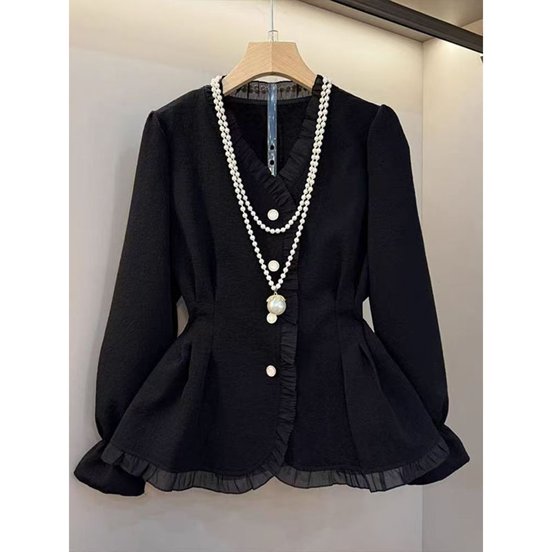 Chemisier Chic et Élégant à Manches Longues pour Femme, Nouvelle Collection Automne, avec Dentelle et Col en V, Coupe Cintrée pour une Silhouette Raffinée