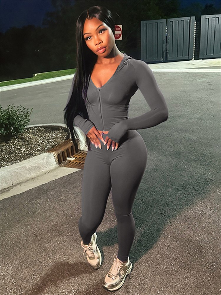 Nibber Sportif Casual 2 Pièce Ensemble Femmes Survêtement À Capuchon Zip Crop Tops + Leggings Fitness Doux Stretch Streetwear Activité costume