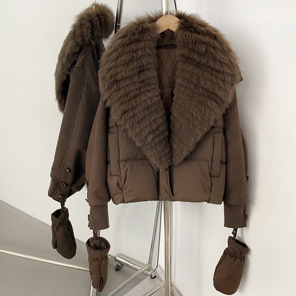 Doudoune d'hiver pour femme, chaude et épaisse, en duvet de canard, avec doublure rembourrée, coutures contrastées et col en fourrure véritable