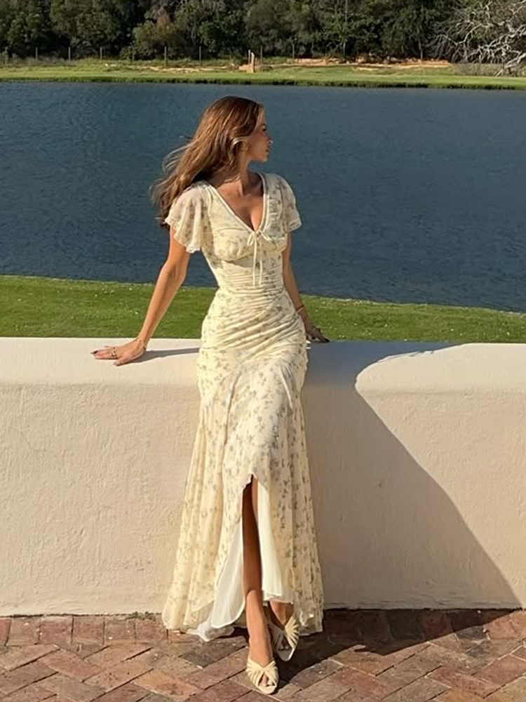 Robe longue élégante à imprimé floral pour femme, décontractée, à manches longues, avec ourlet à volants, moulante et fluide, collection Printemps 2026, style chic