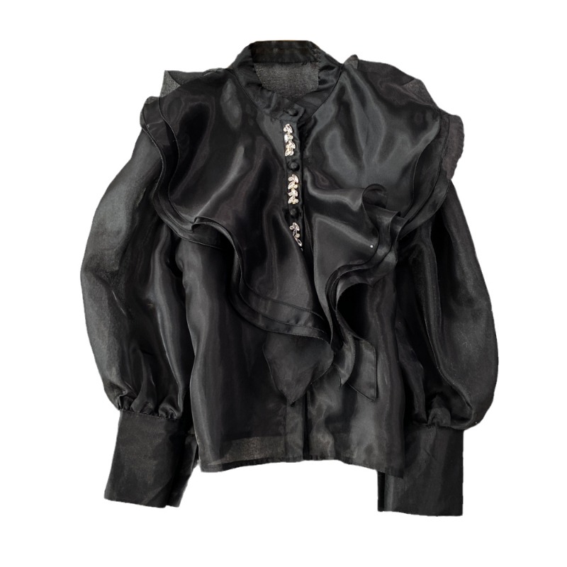Chemisier à volants en organza pour femmes, chic, maille perlée, transparent, élégant, mode coréenne, livraison directe