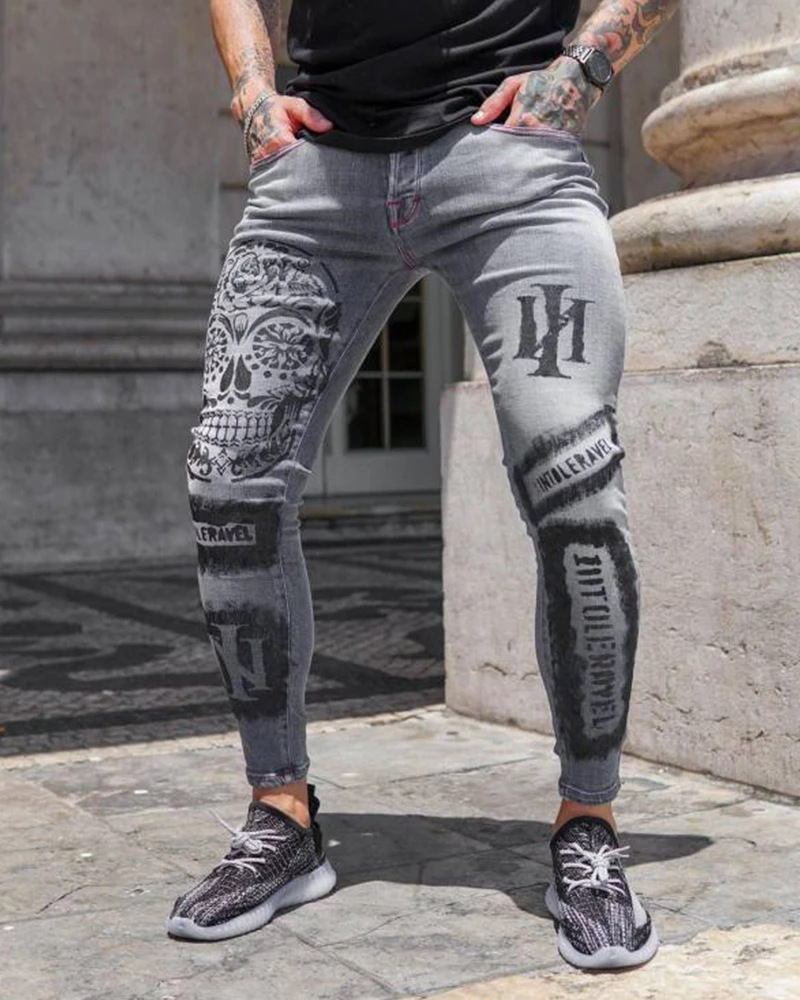 Jean extensible pour hommes à la mode pantalons décontractés mince imprimé gris jean hommes mode imprimé jean hommes crayon pantalon jean Slim hommes