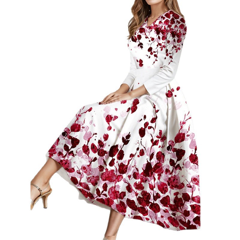 Robes pour femmes 2026 à imprimé floral, col en V, manches trois-quarts, décontractées, coupe évasée mi-mollet, vêtements pour femmes, vestidos