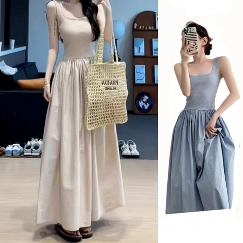 Robes longues taille haute pour femmes Printemps-Été 2026 Robe sans manches patchwork élégante à col carré Slim pour soirée Vestidos