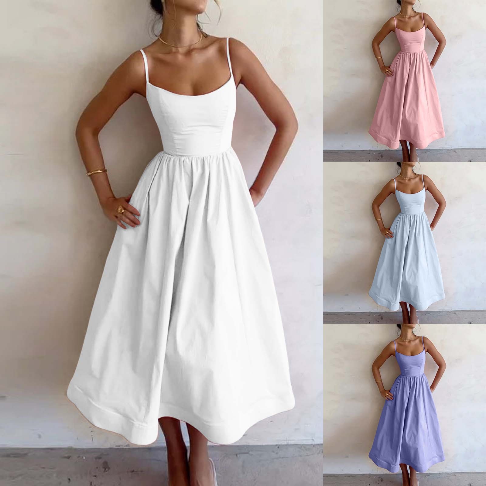 Robes pour femmes, robe d'été à bretelles, couleur unie, balançoire, sans manches, bretelles Spaghetti, ligne A, robes de soirée de plage, 2025
