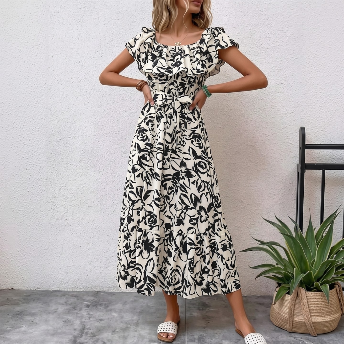 YuooMuoo Robe longue florale pour femme, épaules dénudées, style coréen, à volants, taille ajustée, coupe trapèze, robe de soirée, bohème d'été, ceinturée, robe de plage