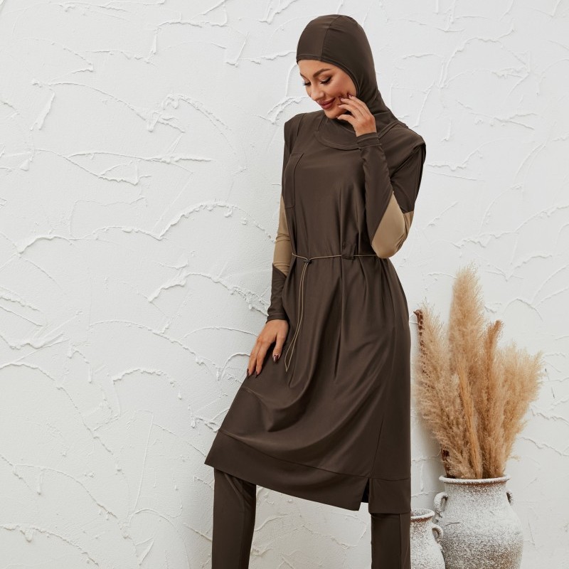 Maillot de bain musulman pour femme, ensemble 3 pièces, robe modeste, pantalon taille haute, hijab, col rond, couvrant entièrement le corps