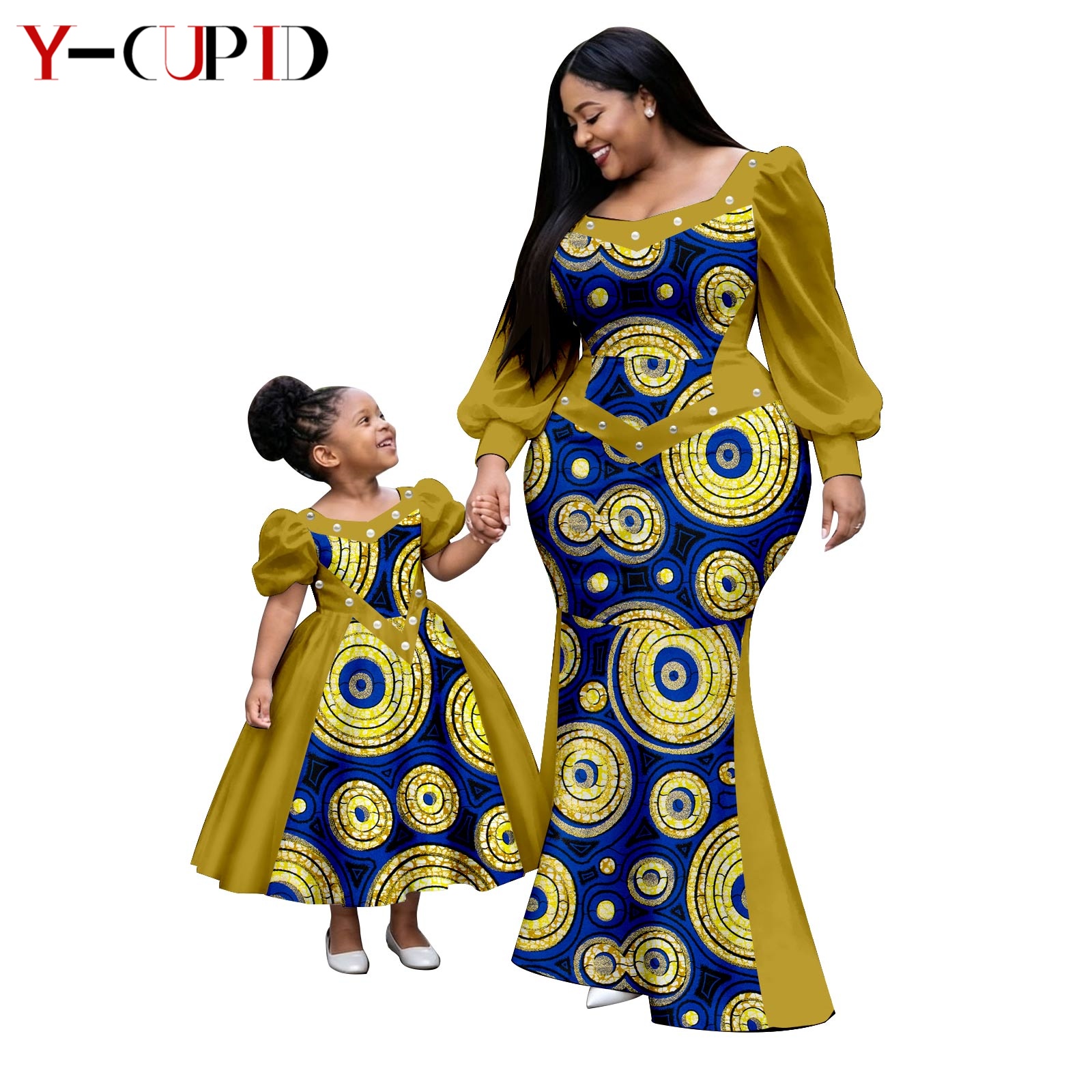 Robes tutu à manches à volants imprimées africaines pour femmes et filles, tenues Dashiki mère-fille, vêtements de famille 26F011