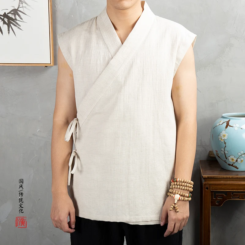 Vêtements traditionnels chinois Hanfu pour hommes, veste en fibre de coton lin, kimono imbibé Tang, cardigan masculin, manteau à point ouvert