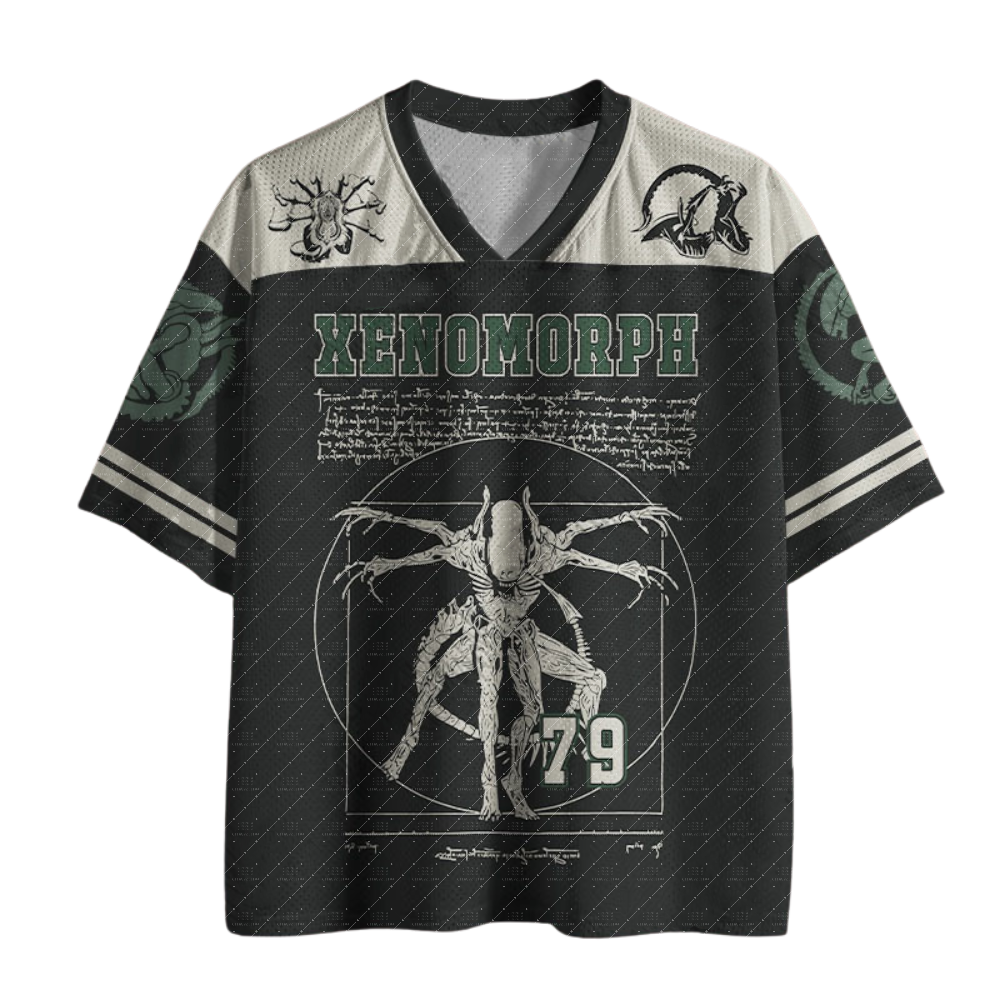 Maillot de football col en V vintage, imprimé avec un dessin technique d'extraterrestre de science-fiction numéro 79, manches rayées noir, crème et blanc, t-shirt de sport ample